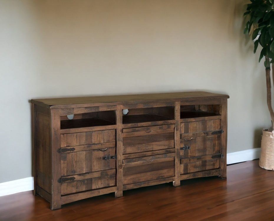 Solid Wood Cabinet Enclosed Storage, Distressed TV Stand - Brown