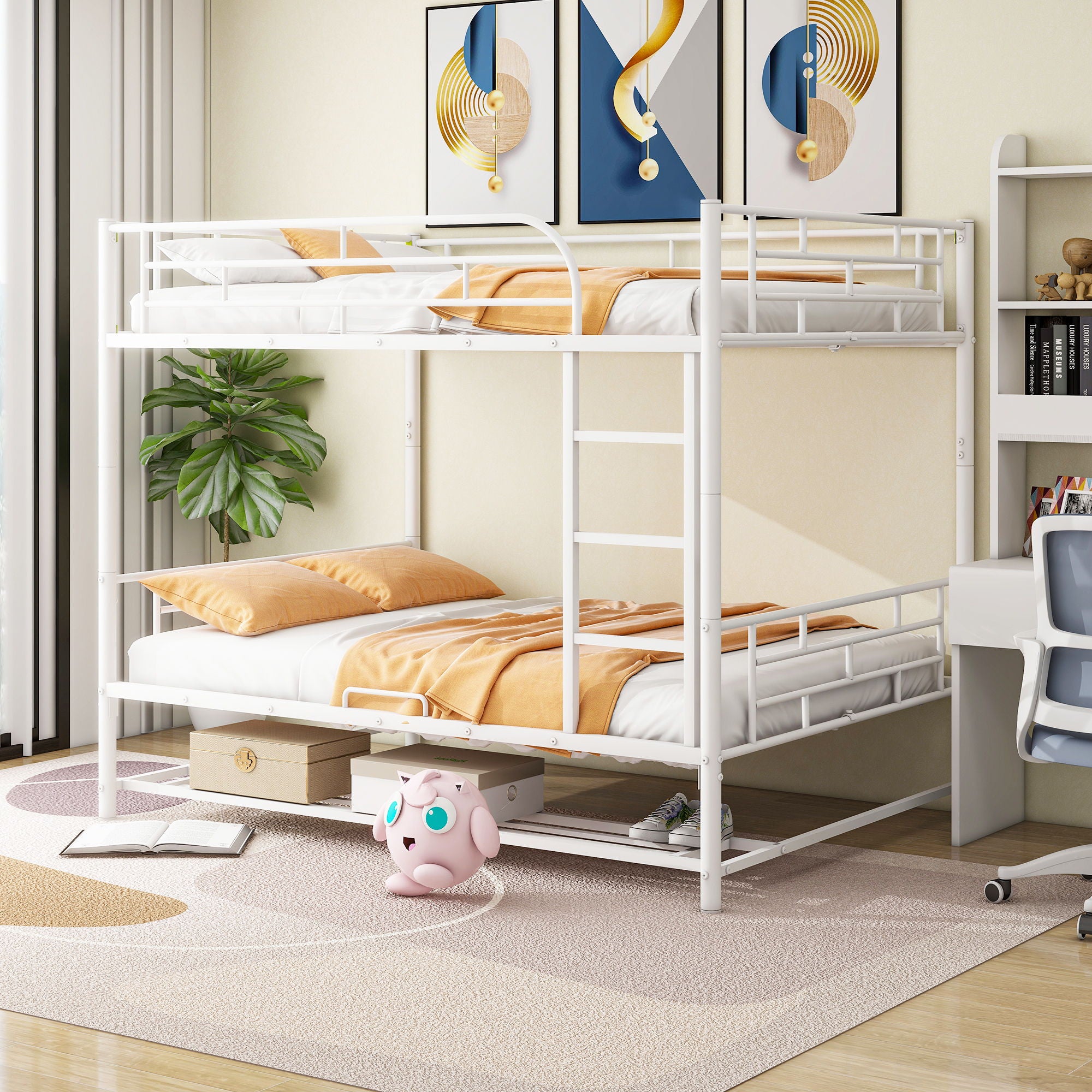 Metal Bunk Bed With Shelf And Guardrails