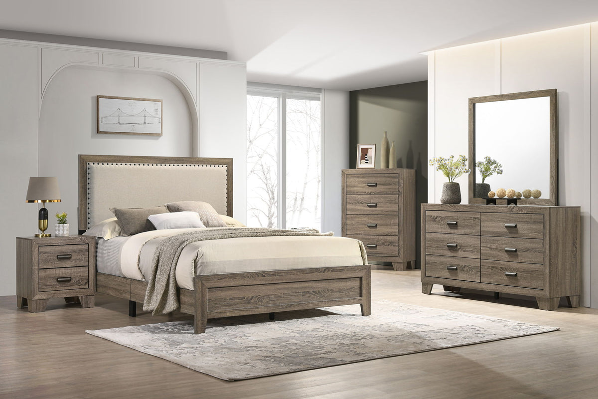 Millie - Upholstered Bedroom Set Gray 5 Pc. Bed, Dresser, Mirror, Chest, Nightstand by Crown Mark | Bel Furniture