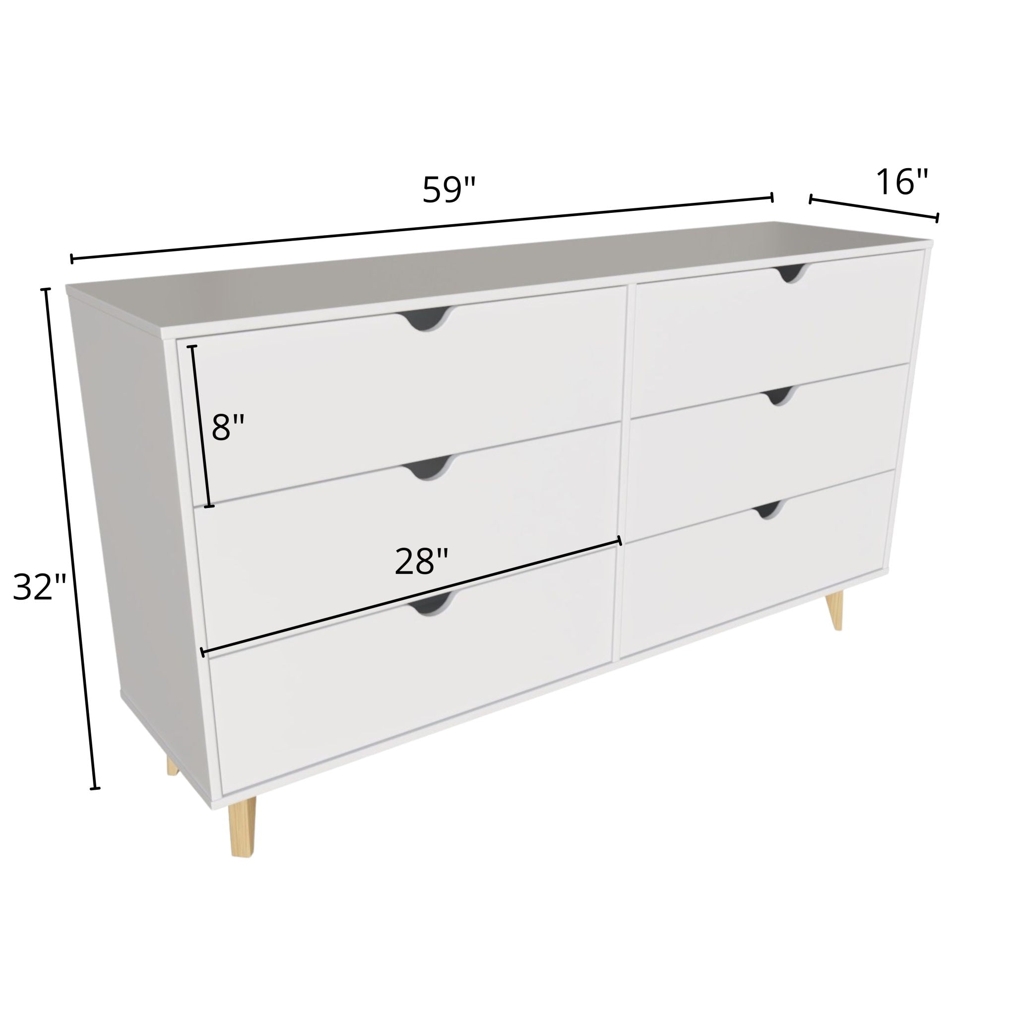 Scoop Handle Six Drawer Double Dresser - White