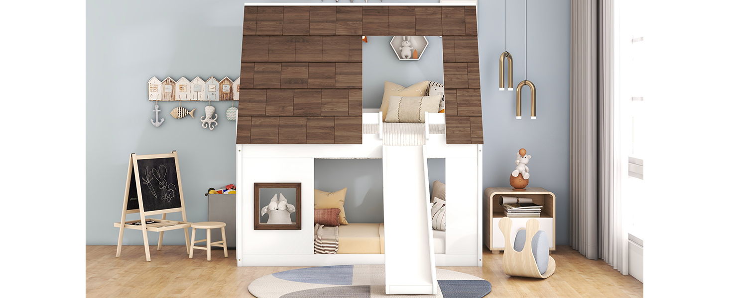 Wood Twin Size House Bunk Bed With Roof, Ladder And Slide - White / Brown