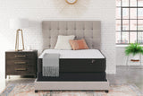 Limited Edition Firm innerspring mattress on beige bed frame in modern bedroom with white brick wall