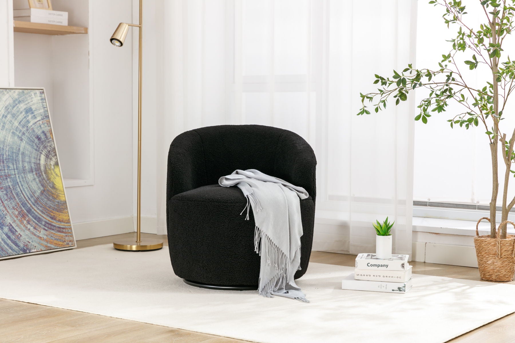 Teddy Fabric Swivel Accent Armchair Barrel Chair With Powder Coating Metal Ring