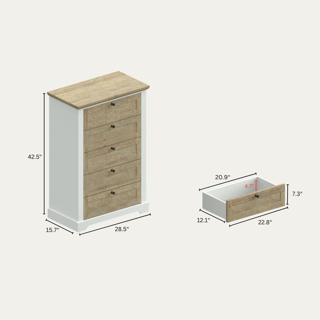 Autumn - 5 Drawer Chest With Interlock Drawer Feature Drawer Slide And Interlock Pre-Assembly, Drawer Chest For Closet Tall Dressers For Bedroom Clothes Organizer Tool Easy Assembly - White Oak