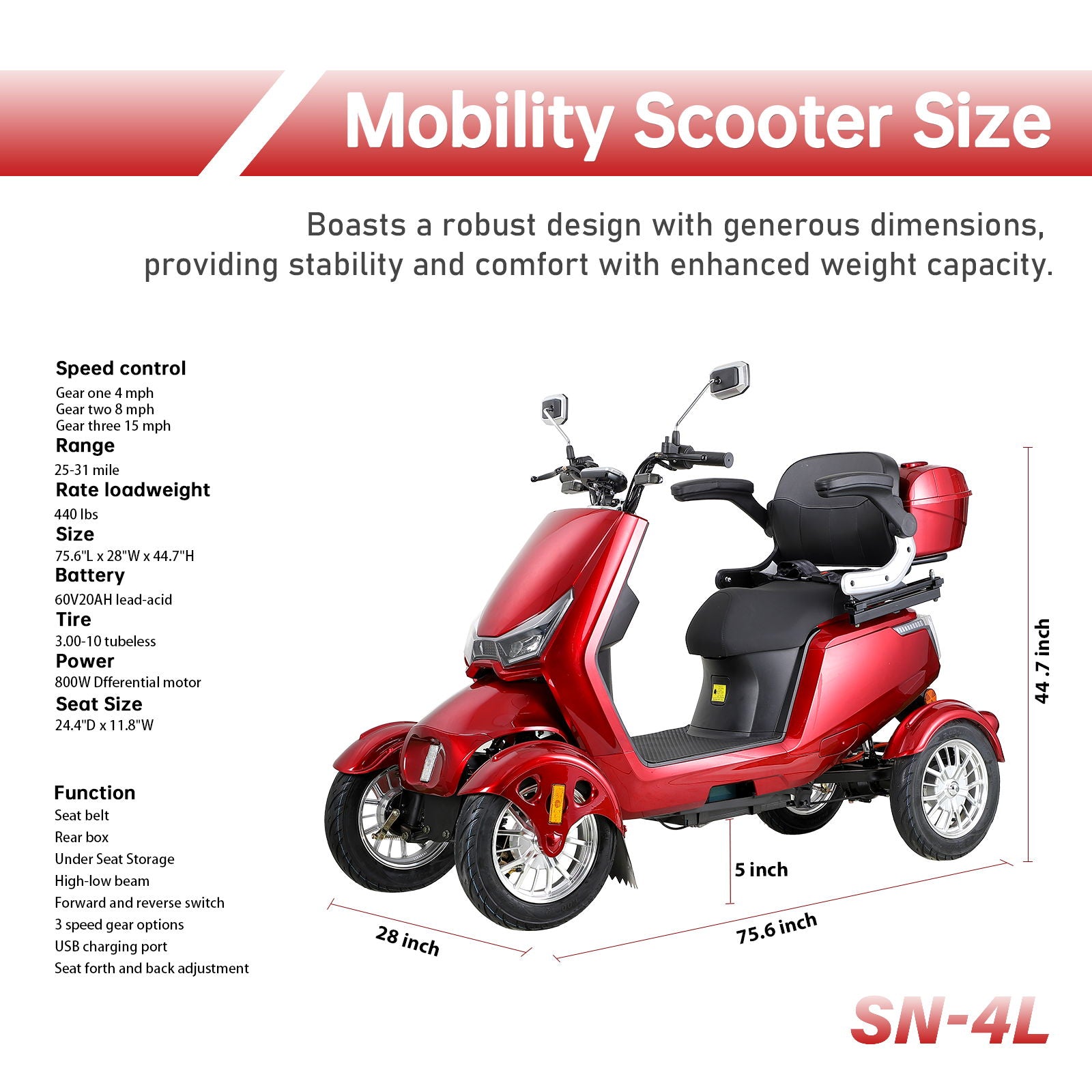 Electric Mobility Scooter With Big Size And High Power - Red