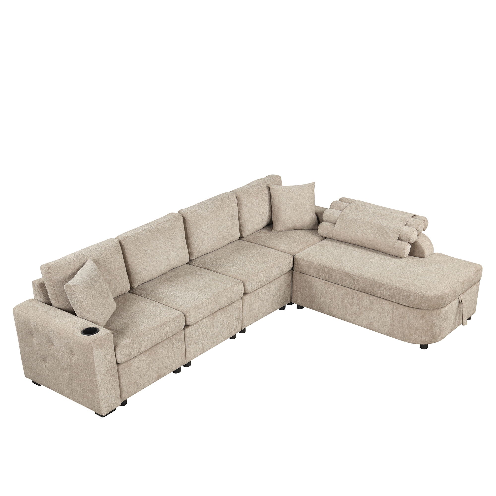 L-Shaped Couch Sectional Sofa With Storage Chaise, Cup Holder And USB Ports For Living Room