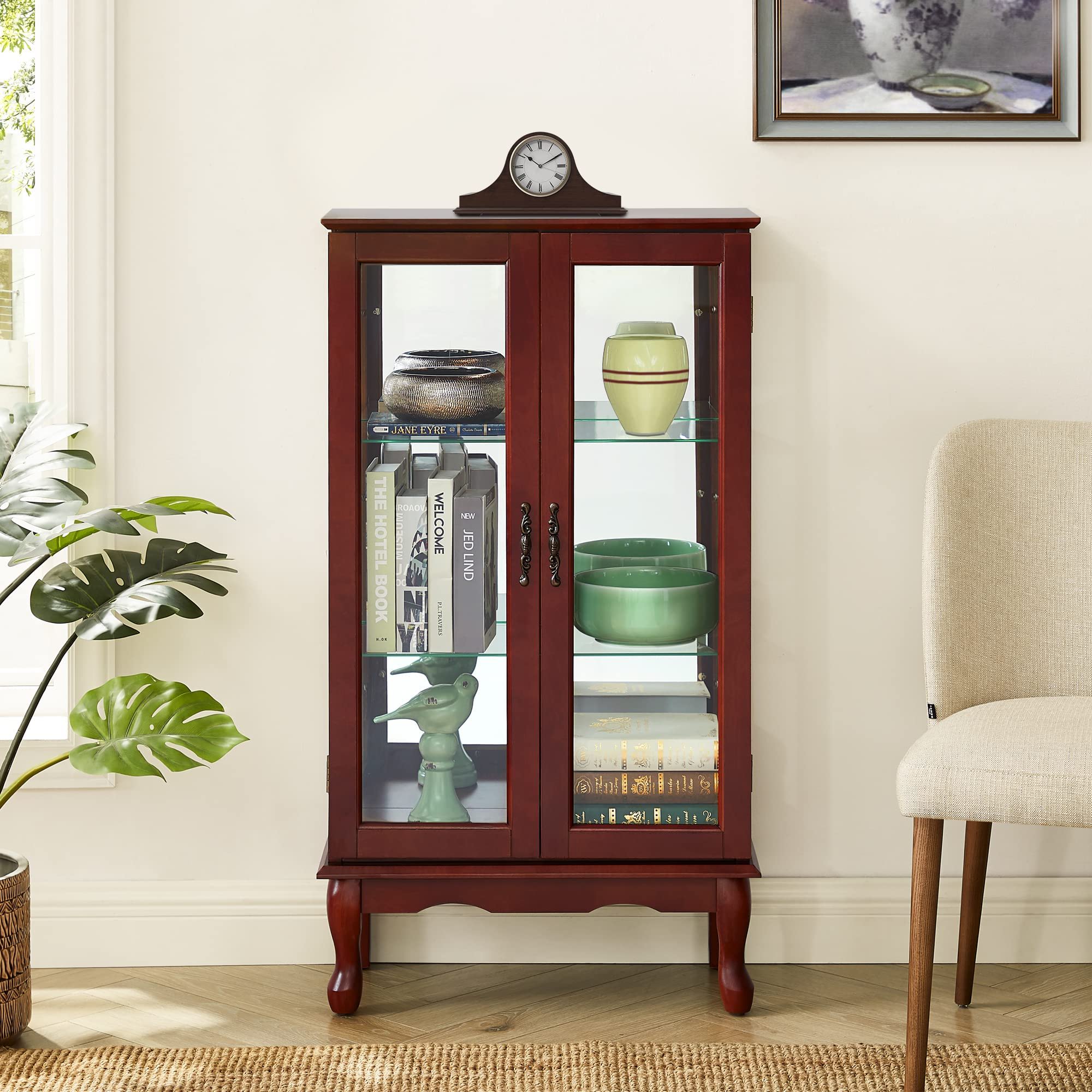 Curio Cabinet Lighted Curio Diapaly Cabinet With Adjustable Shelves And Mirrored Back Panel, Tempered Glass Doors (3 Tier), (E26 Light Bulb Not Included)