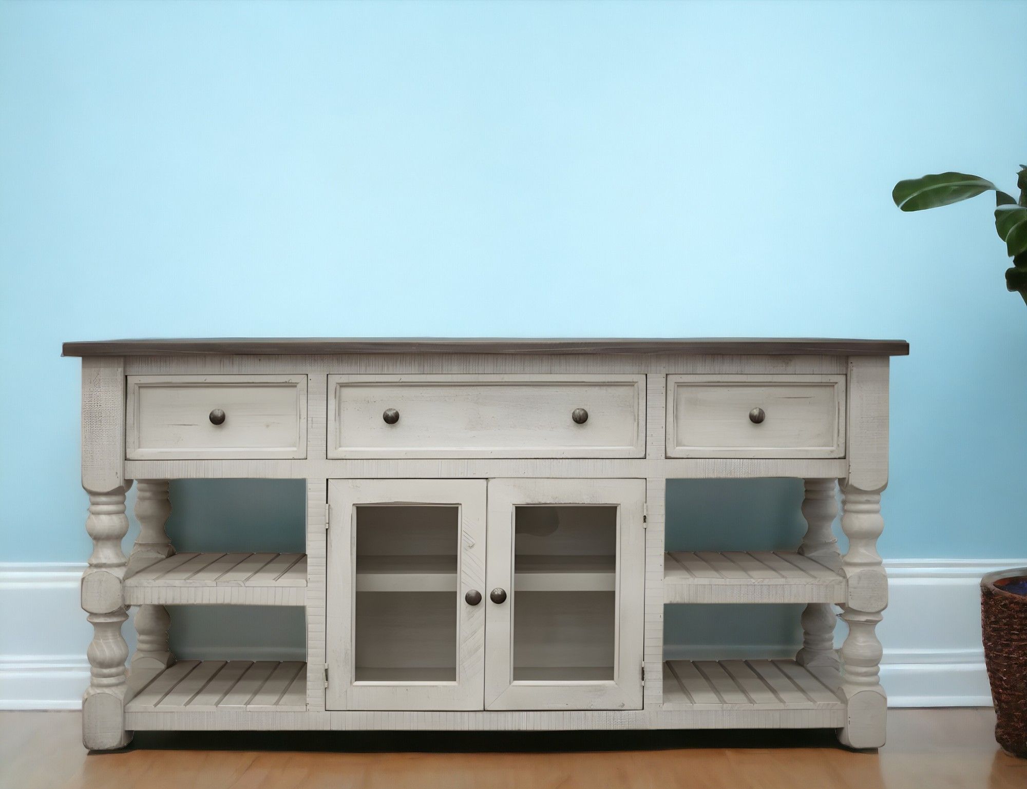 Solid Wood Open Shelving Distressed TV Stand - Ivory