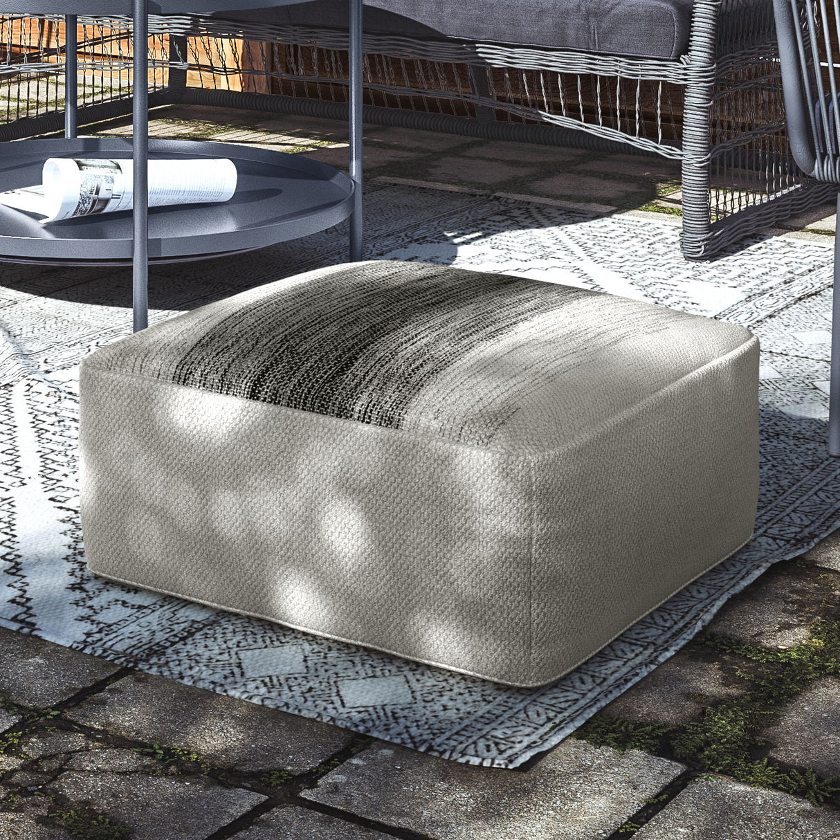 Sabella - Square Woven Outdoor / Indoor Pouf - Gray / White by Simpli-Home | Bel Furniture