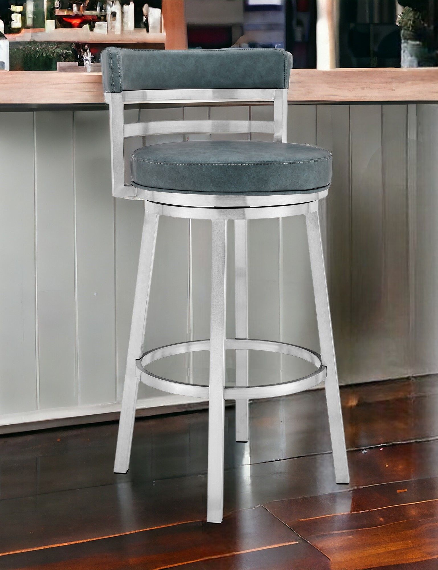 Faux Leather Swivel Low Back Bar Height Bar Chair - Blue / Silver