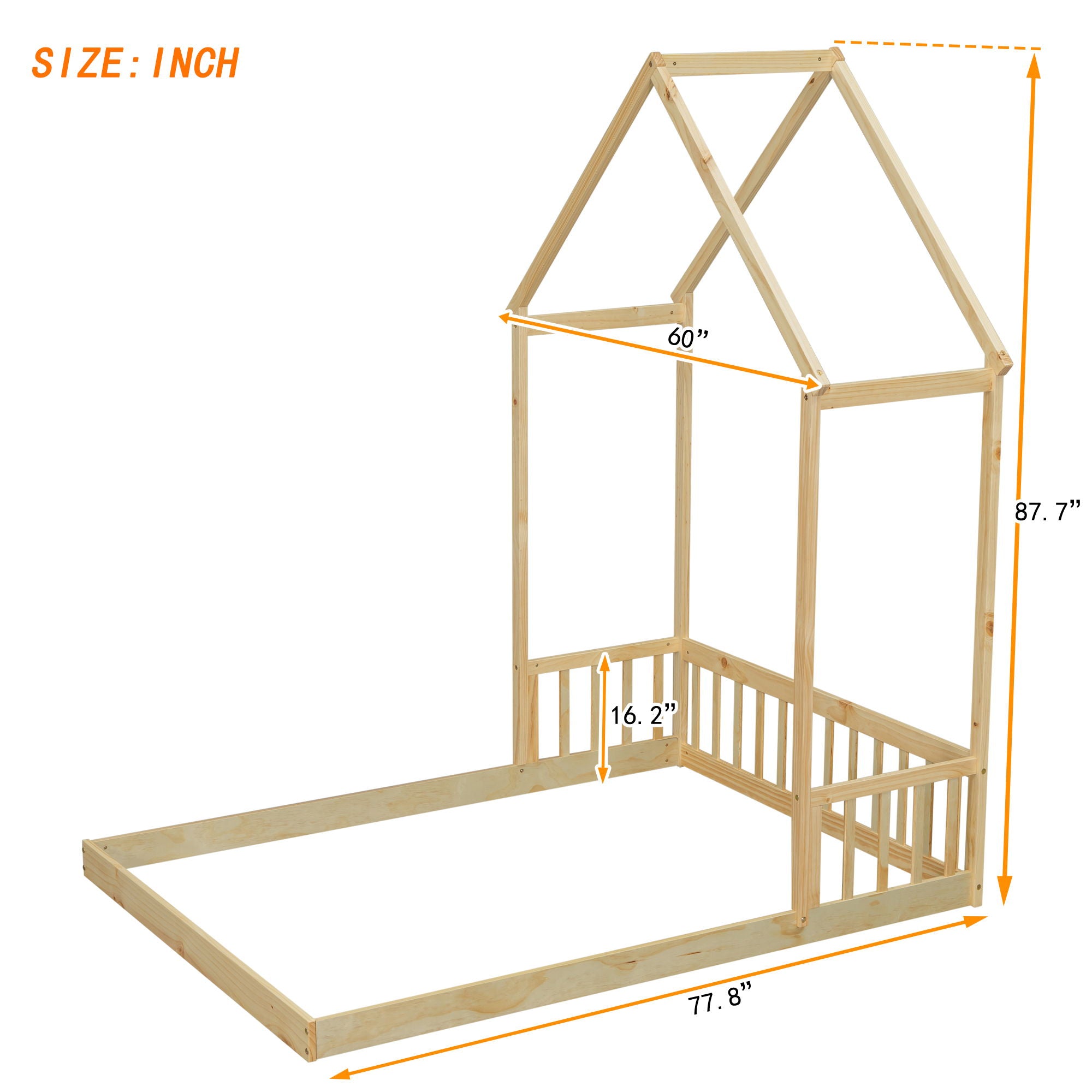 House-Shaped Roof Headboard Floor Bed, (Without Slats)