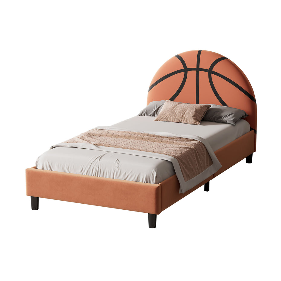 Basketball Design Upholstered Twin Platform Bed Sport Style Bed For Boys & Girls, Teens - Orange