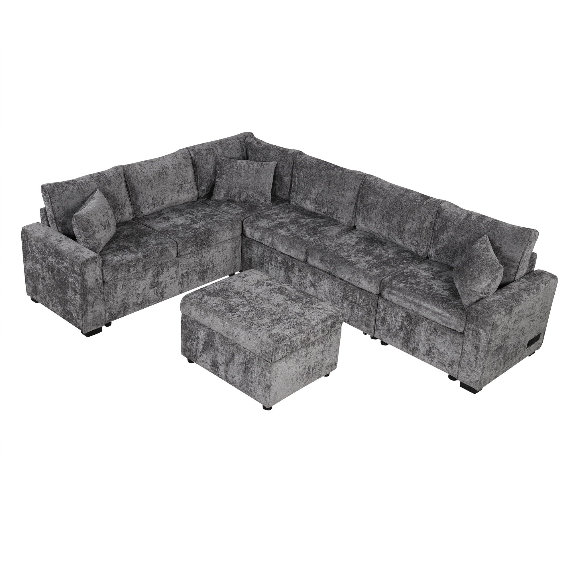 Sectional Sofa Pull-Out Sofa Bed Sleeper With A Storage Ottoman, Three Pillows And Charging Devices For Living Room