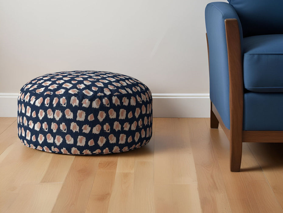 Canvas, Round Abstract Pouf Ottoman - Blue