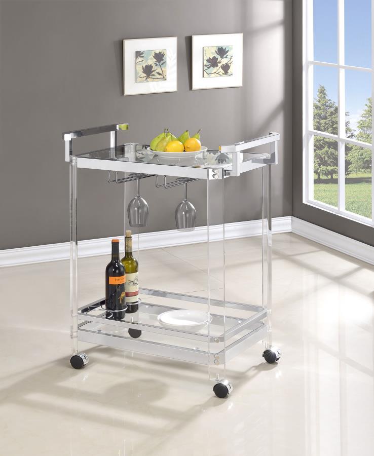 Jefferson - 2-Tier Glass Shelf Acrylic Bar Cart - Chrome by CoasterEssence | Bel Furniture
