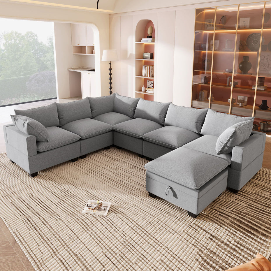 Modern U Shape Modular Sofa With Storage Ottoman, Luxury 7 Seat Sectional Couch Set With 2 Pillows Included, Freely Combinable Indoor Funiture For Living Room, Apartment - Gray