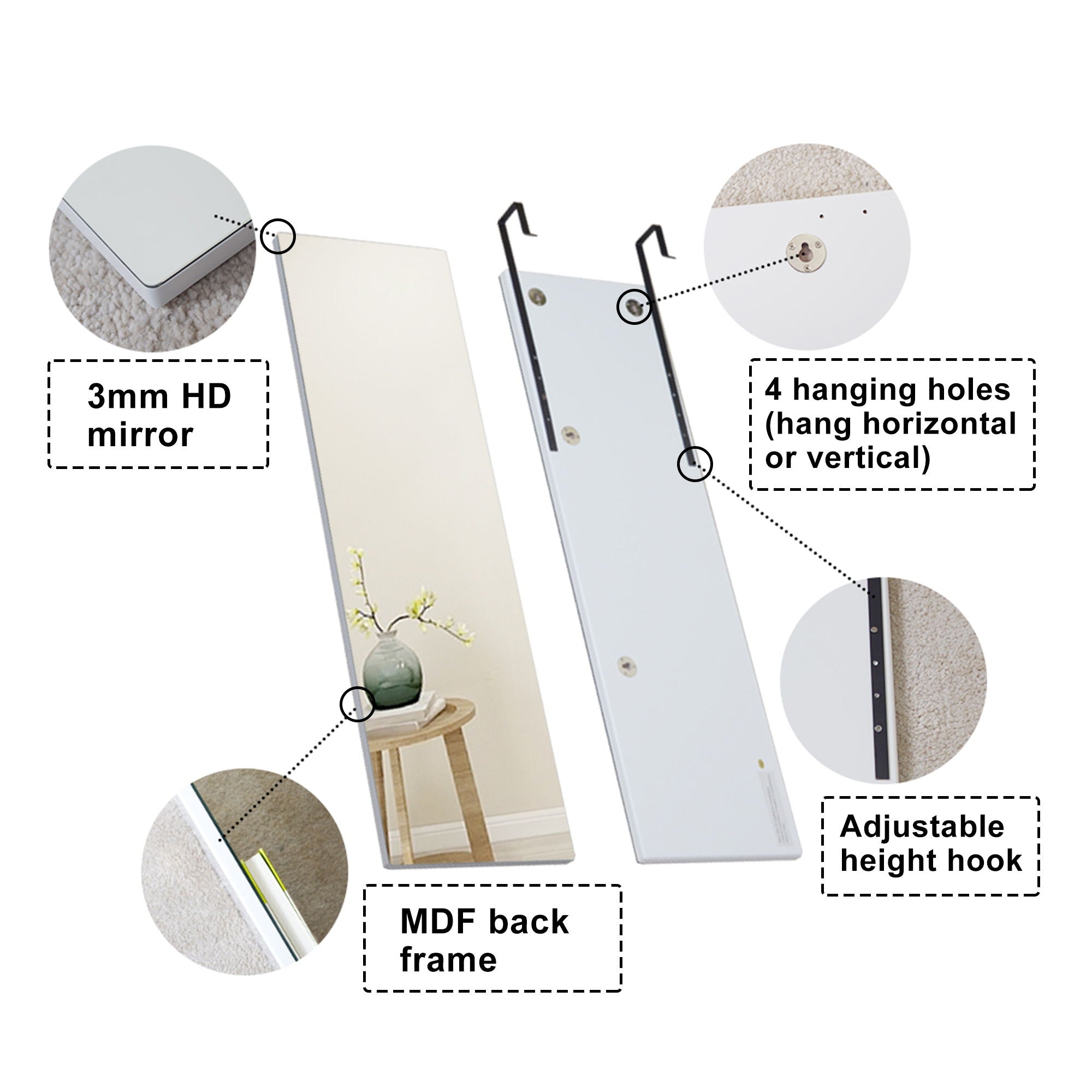 Wall Mount Mirror (Set of 2), Mdf Mirror Wall Mount At Horizontal & Vertical Hanging - White