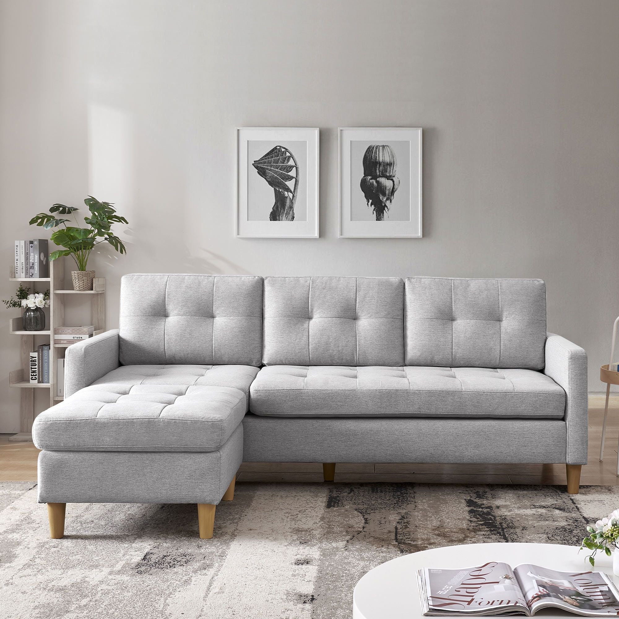 Polyester Blend Sofa With Ottoman With Natural Legs - Light Gray