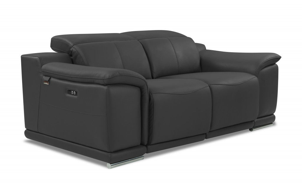 Italian Leather, Power Reclining Loveseat - Gray / Silver