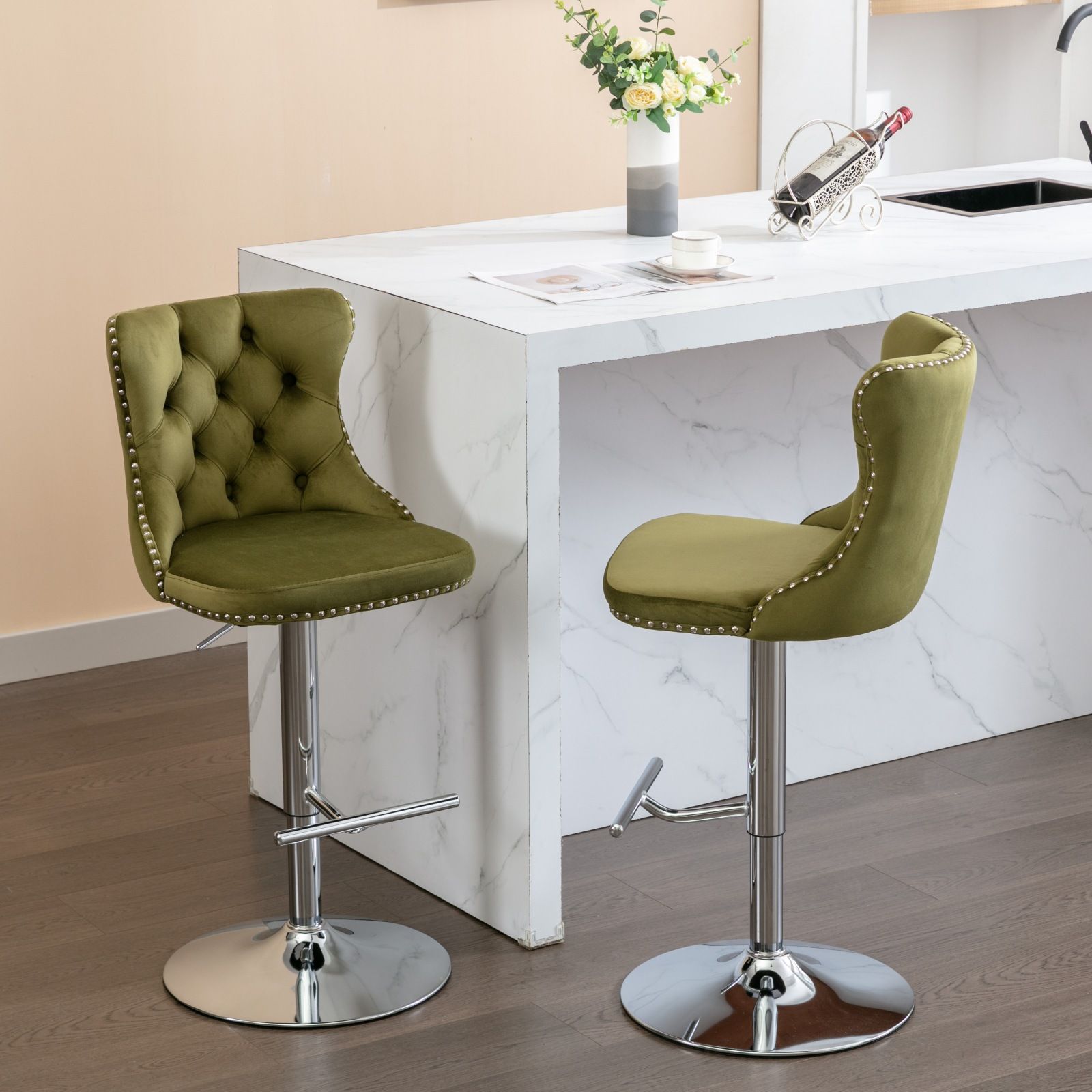 Swivel Velvet Barstools Adjusatble Seat Height From 25-33", Modern Upholstered Chrome Base Bar Stools With Backs Comfortable Tufted For Home Pub And Kitchen Island (Set of 2)