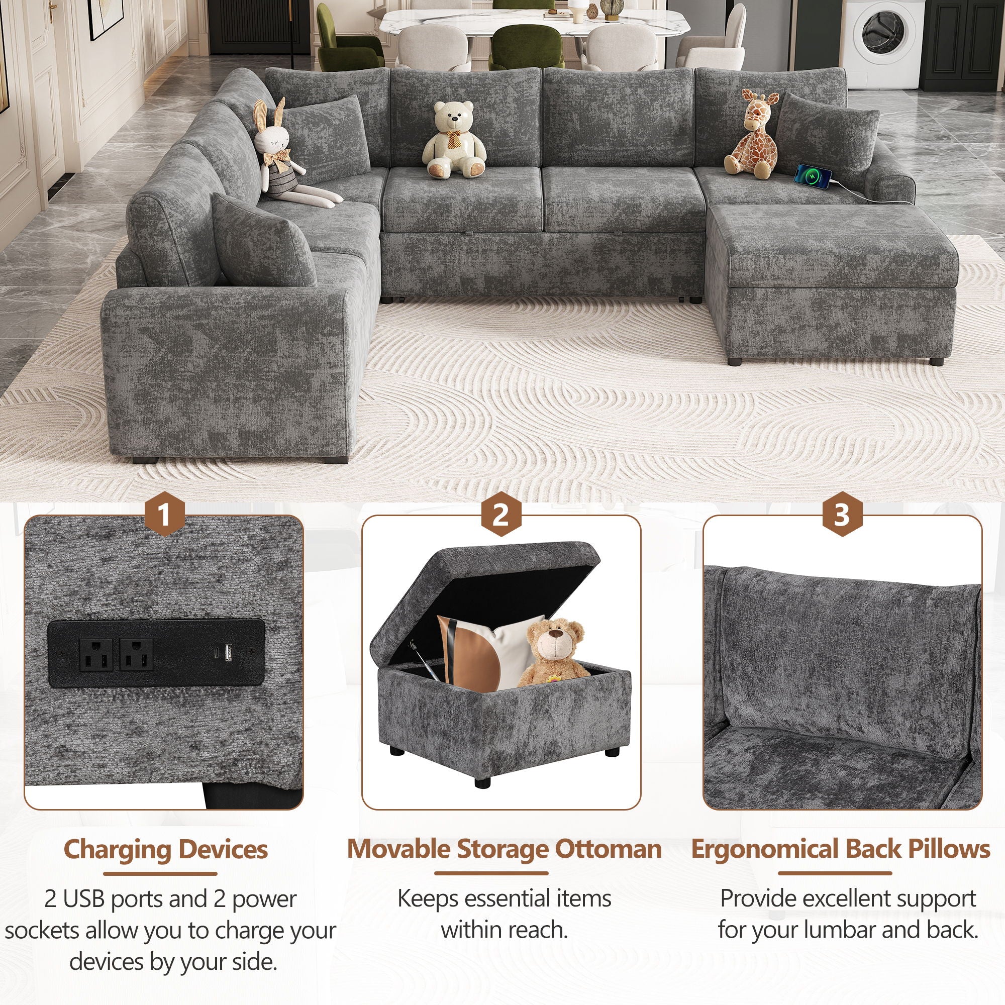 Sectional Sofa Pull-Out Sofa Bed Sleeper With A Storage Ottoman, Three Pillows And Charging Devices For Living Room