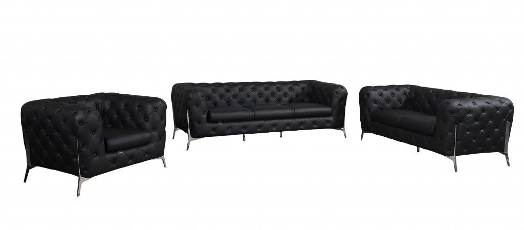 Three Piece Six Person Seating Set Indoor Italian Leather - Black