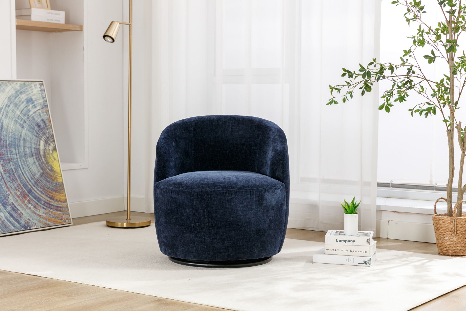 Chenille Fabric Swivel Accent Armchair Barrel Chair With Powder Coating Metal Ring