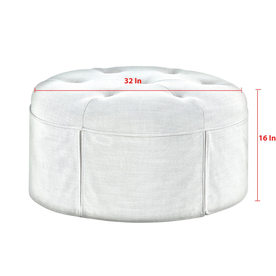 Linen Tufted Round Cocktail Ottoman - White