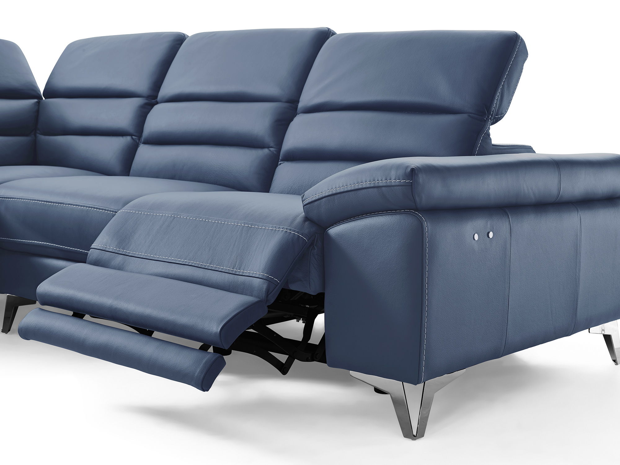 Top Grain Leather Reclining L Shaped Two Piece Sofa And Chaise Sectional - Navy Blue