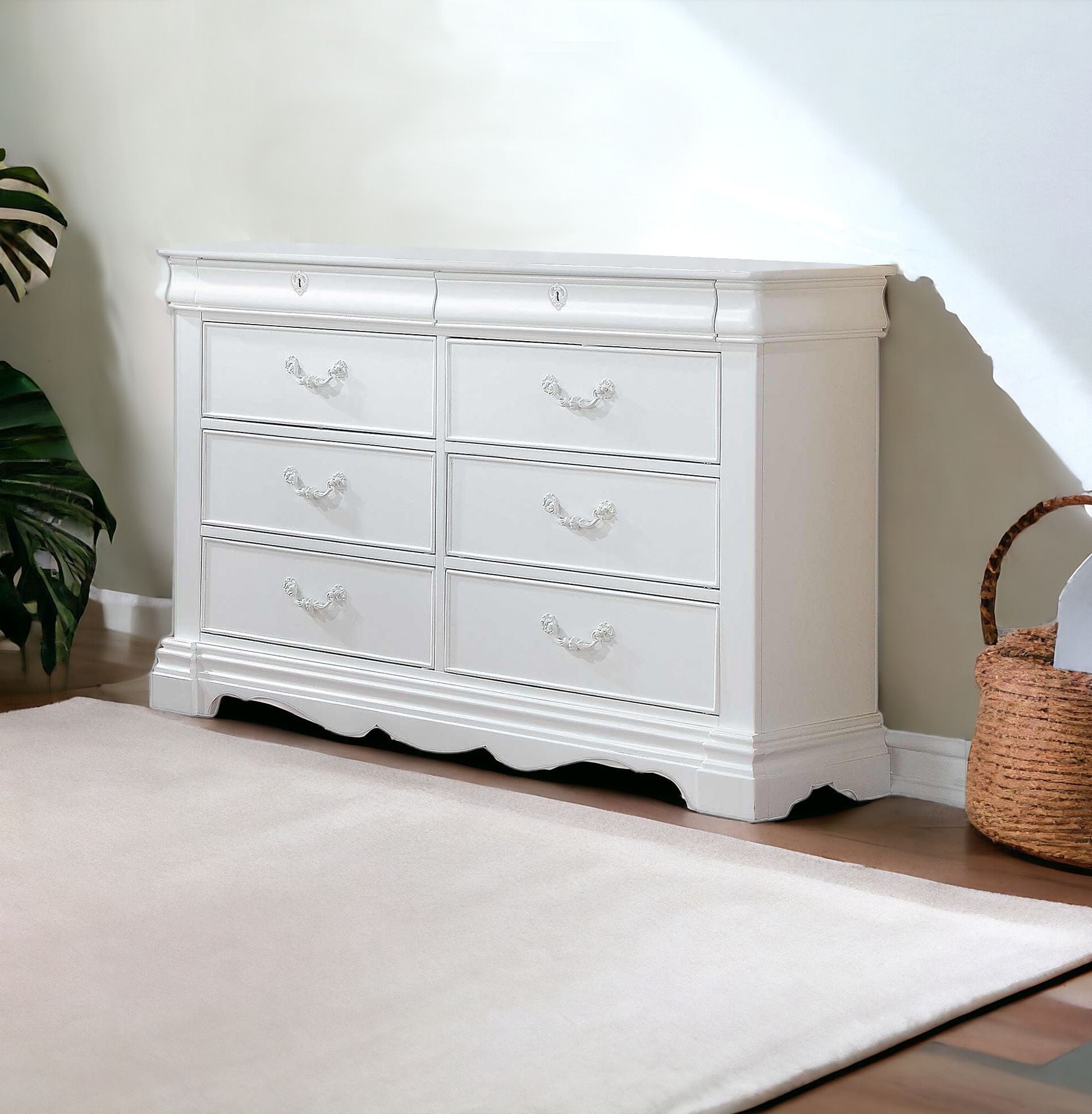 Wood Eight Drawer Double Dresser - White