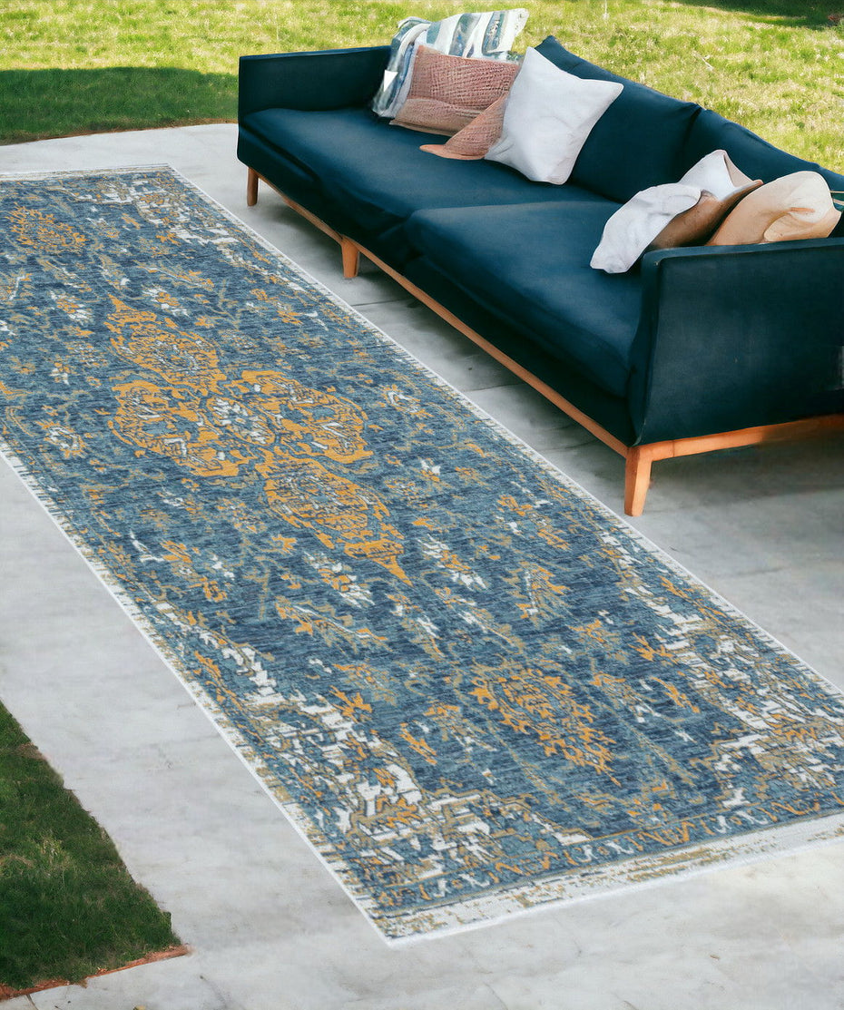 2' X 8' Medallion Stain Resistant Indoor / Outdoor Runner Rug - Blue / Ivory