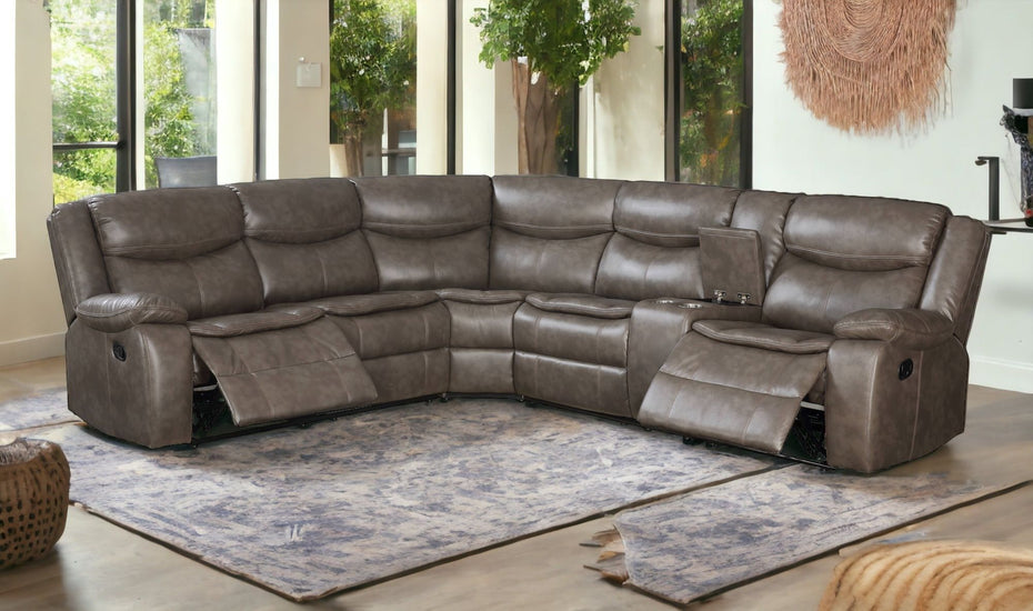 Faux Leather Reclining L Shaped Six Piece Corner Sectional With Console - Taupe