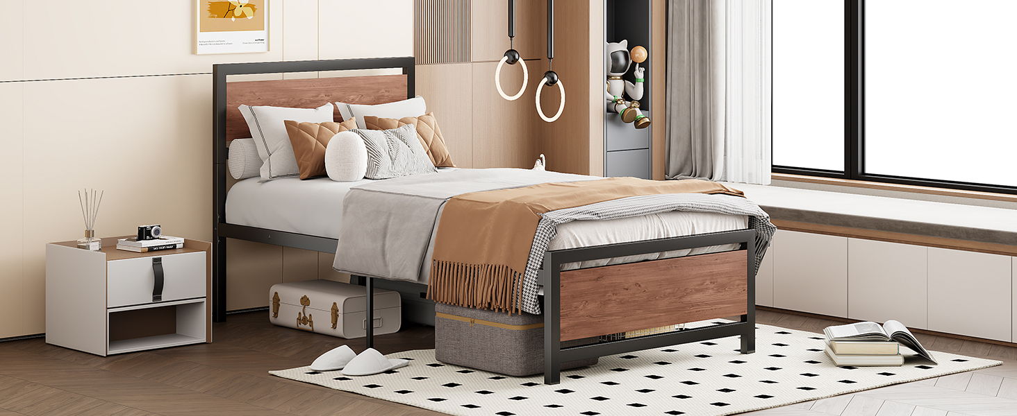 Platform Bed, Metal And Wood Bed Frame With Headboard And Footboard