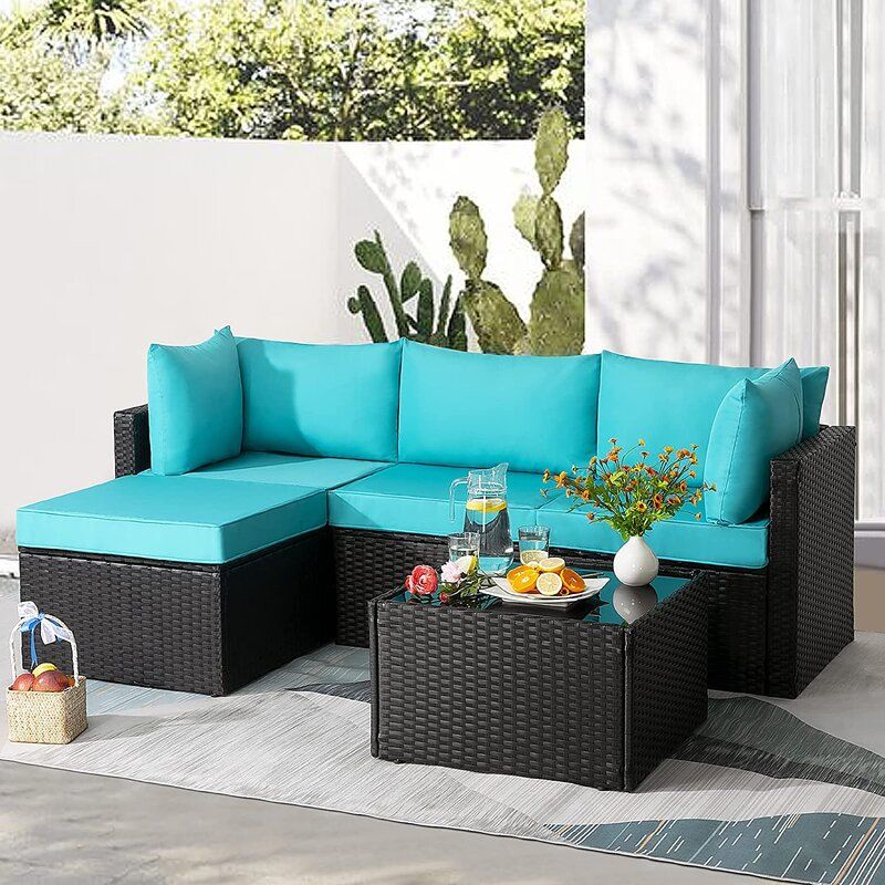 Wicker L Shape Three Piece Sofa Set - Aqua / Brown