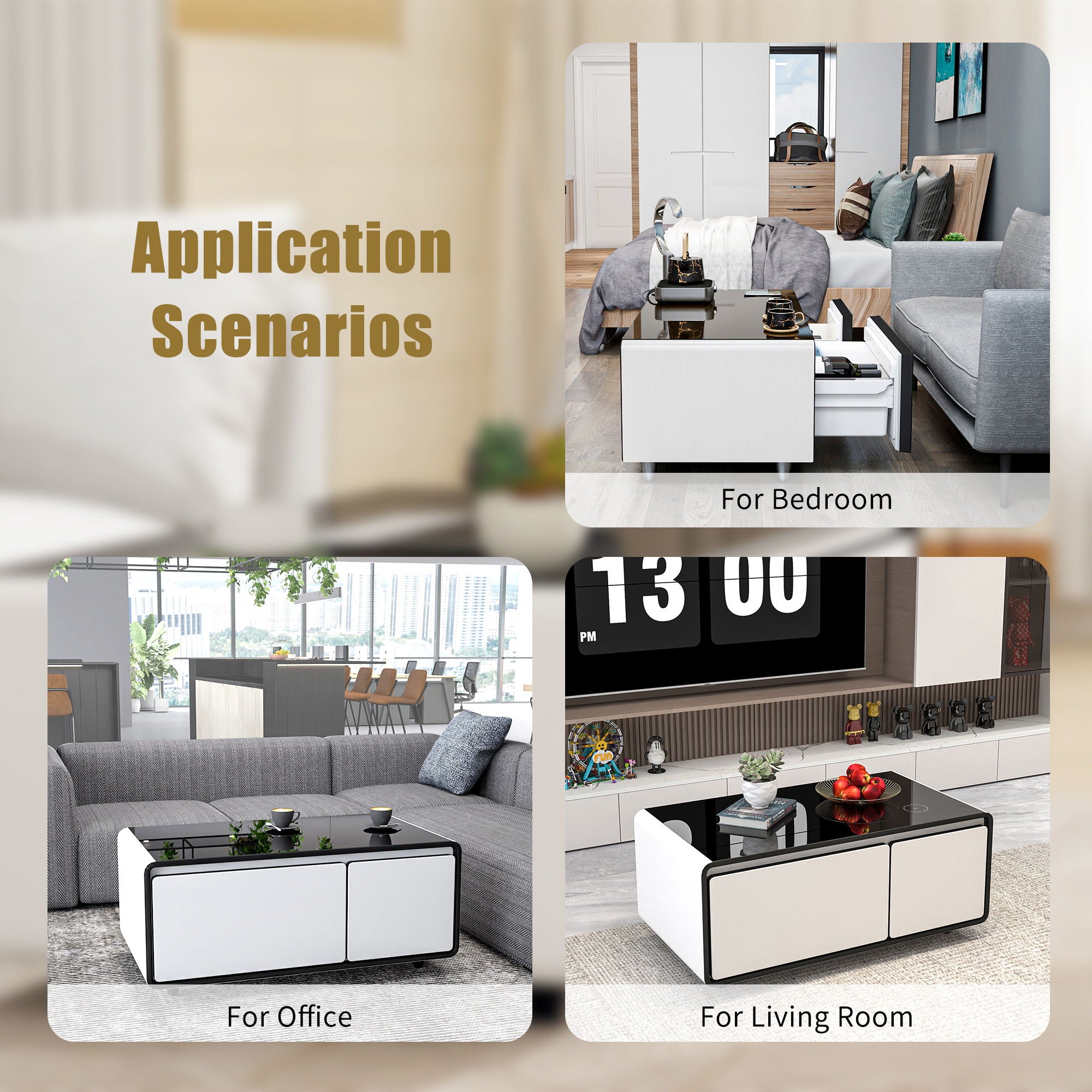 Modern Smart Coffee Table With Built In Fridge, Outlet Protection, Wireless Charging, Mechanical Temperature Control, Power Socket, USB Interface And Ice Water Interface