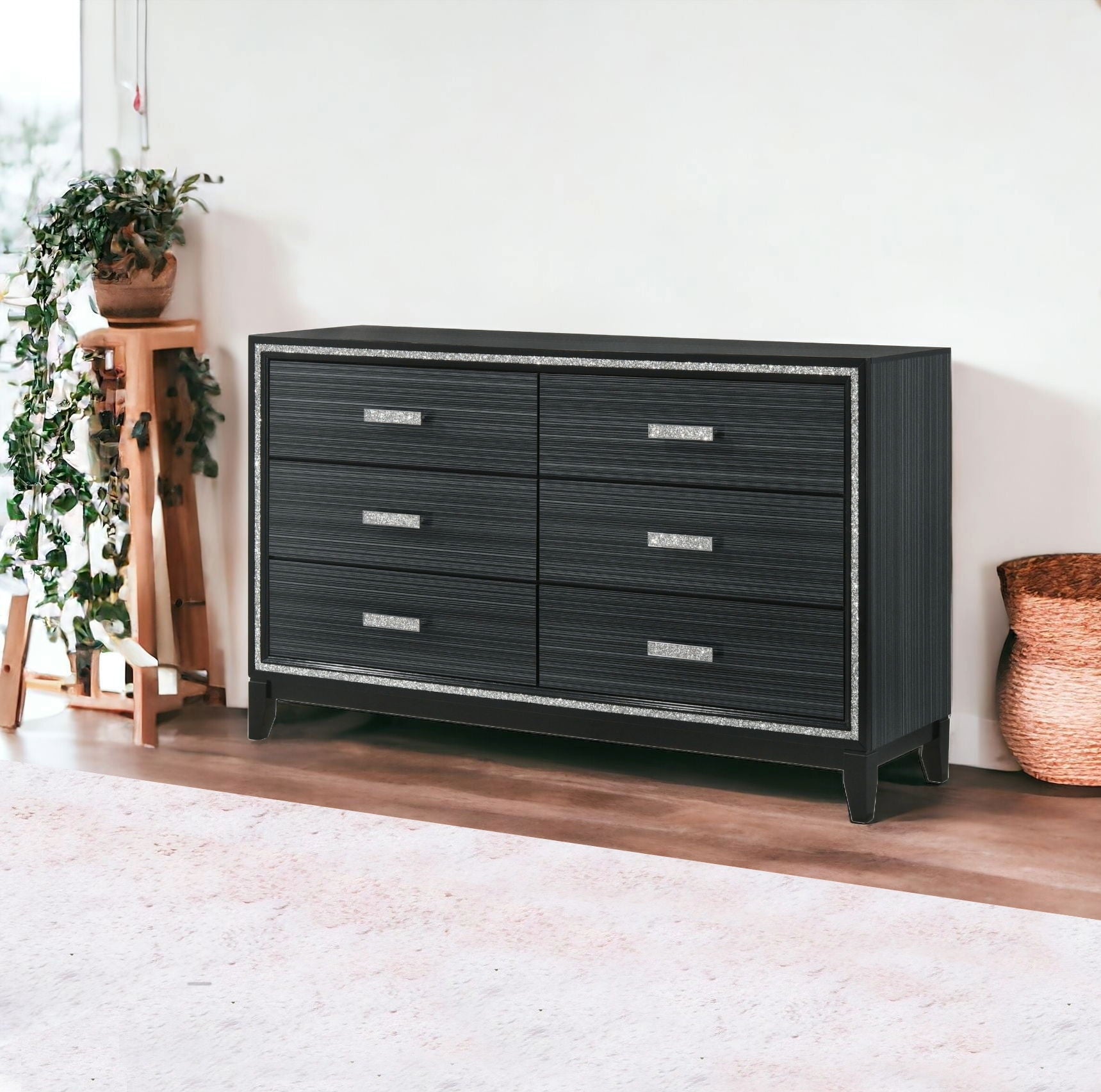 Solid Wooden Six Drawer Double Dresser - Black