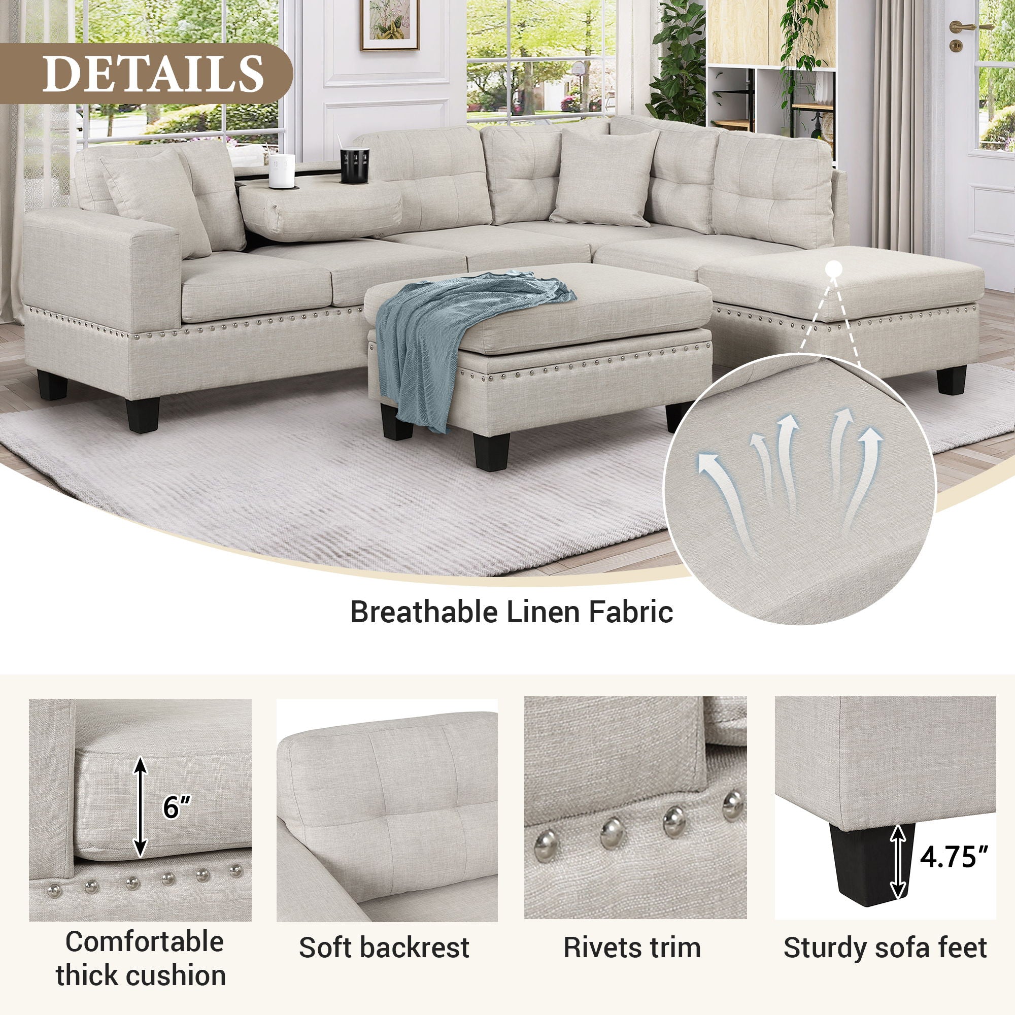 Modern Sectional Sofa With Storage Ottoman, L-Shape Couch With 2 Pillows And Cup Holder, Sectional Sofa With Reversible Chaise For Living Room