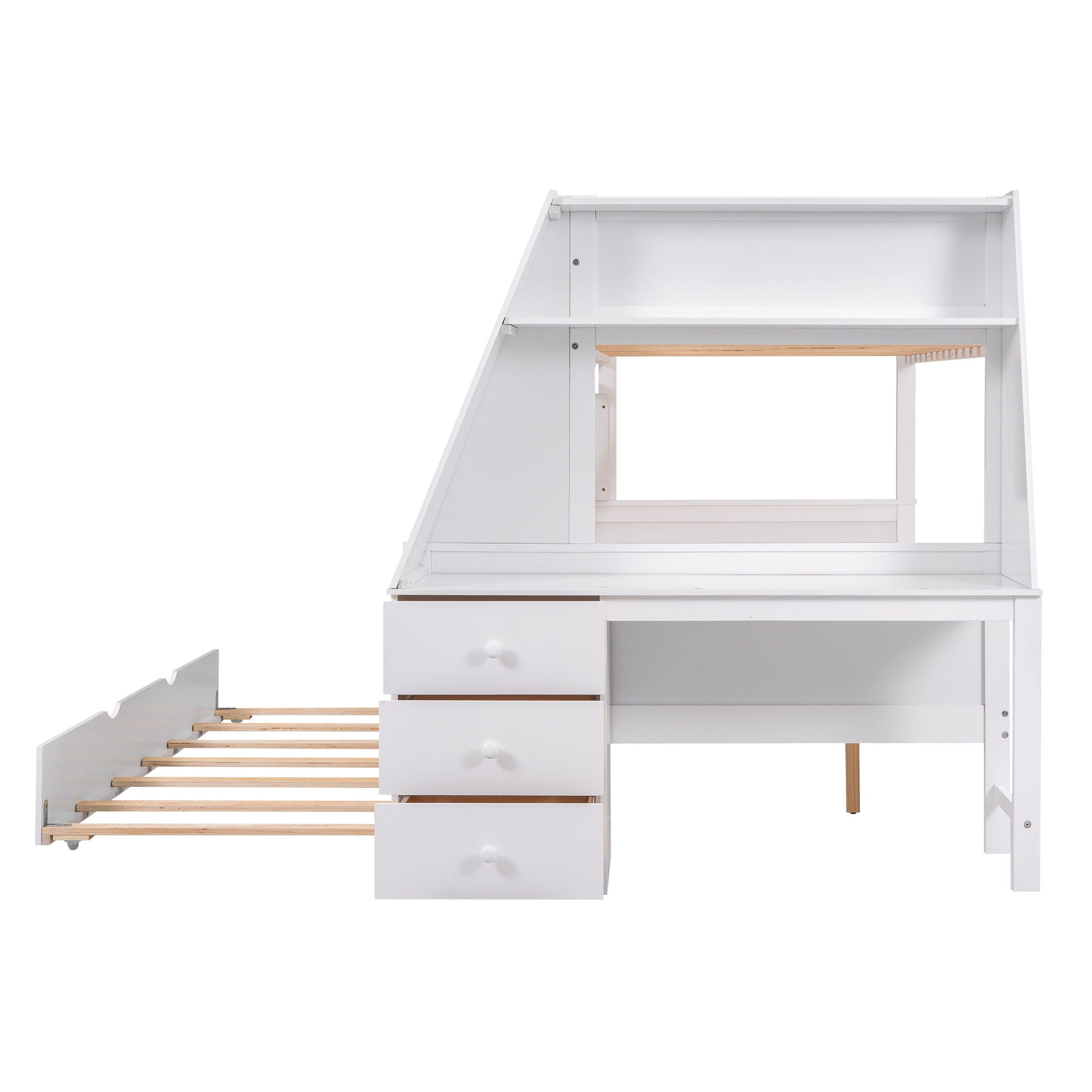 Twin Over Full Bunk Bed With Trundle And Built-In Desk, Three Storage Drawers And Shelf - White