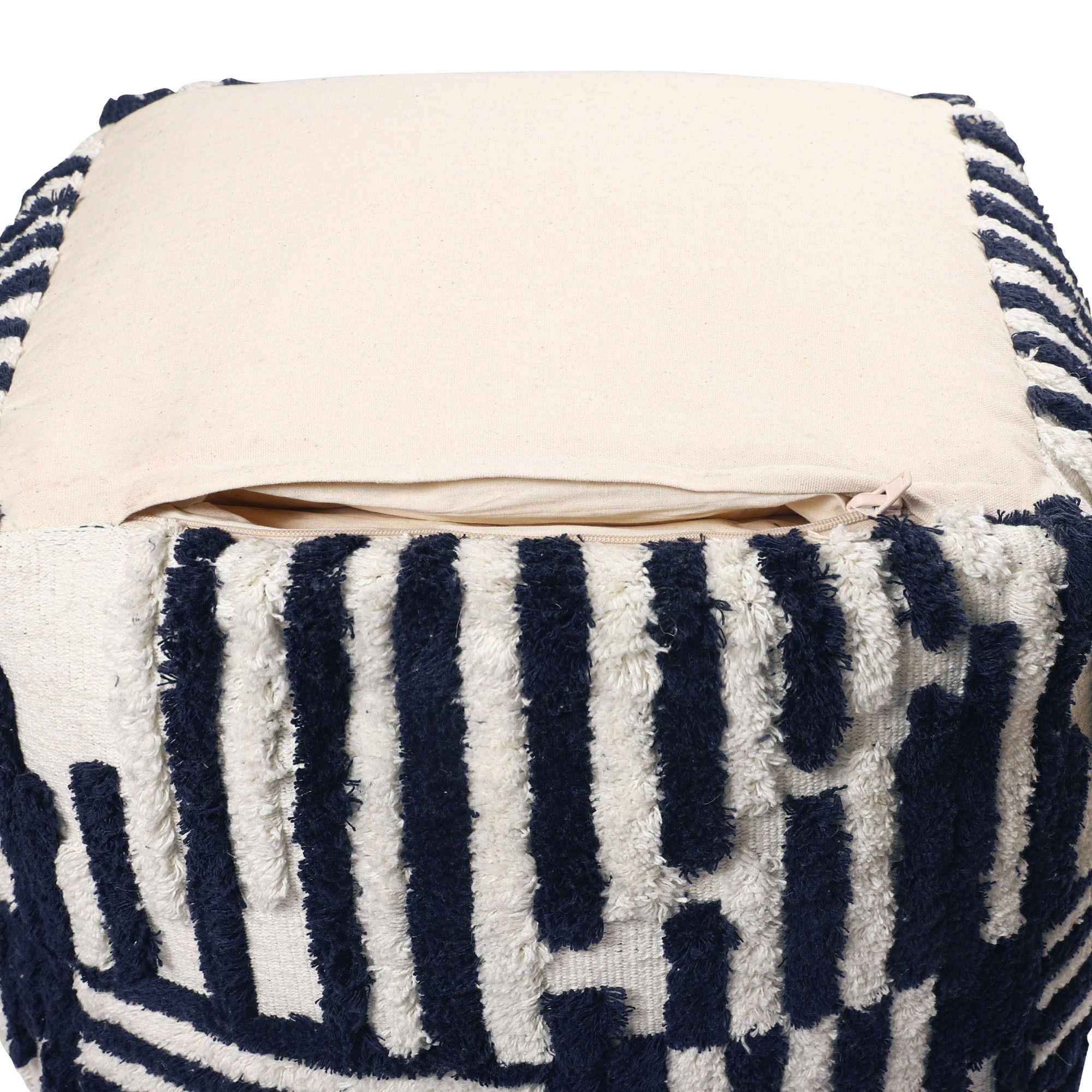 Cotton Cube, Striped Pouf Ottoman - Blue