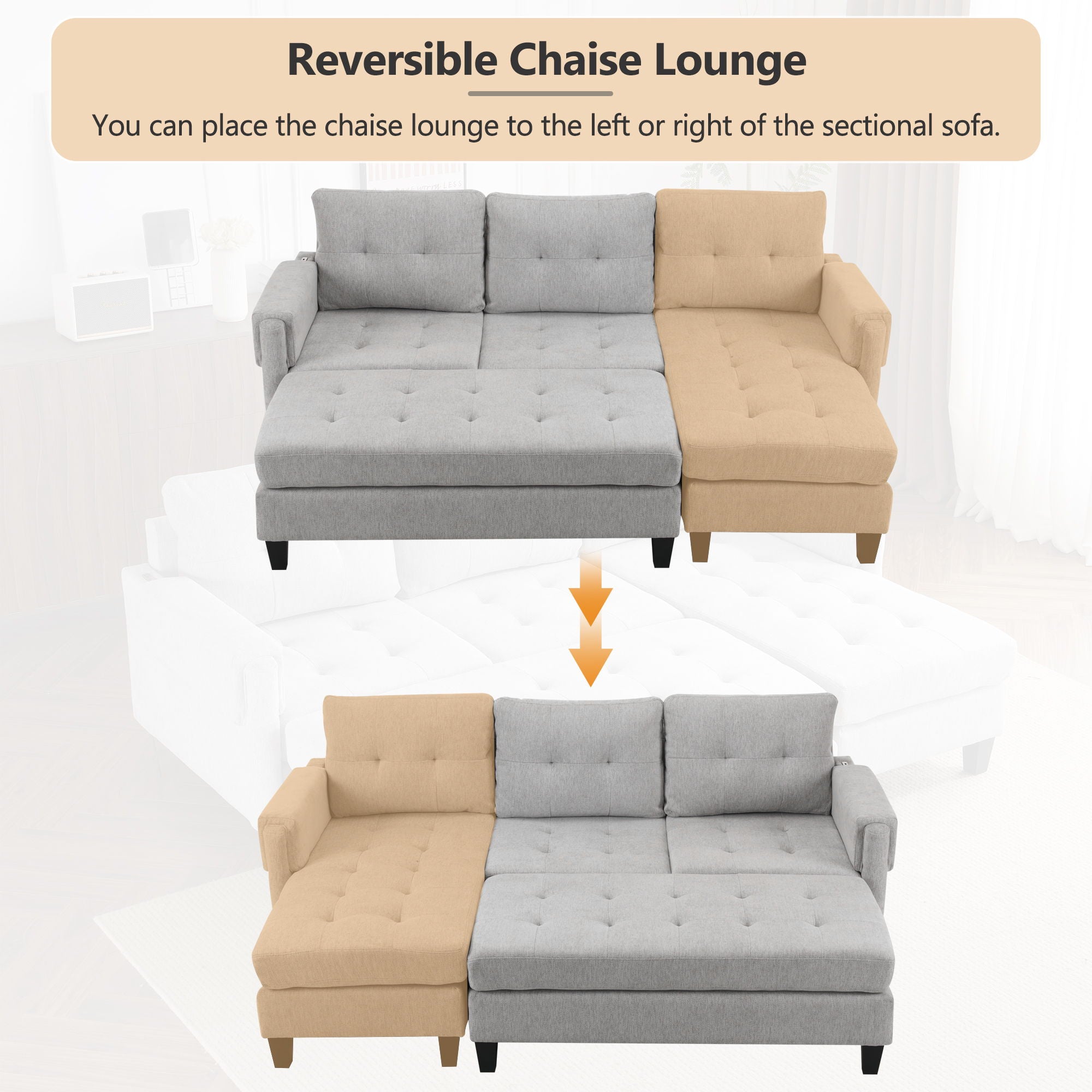 L Shaped Sofa Sectional Couch Sofa Bed With Two USB Ports, A Movable Ottoman And A Reversible Chaise Lounge For Living Room