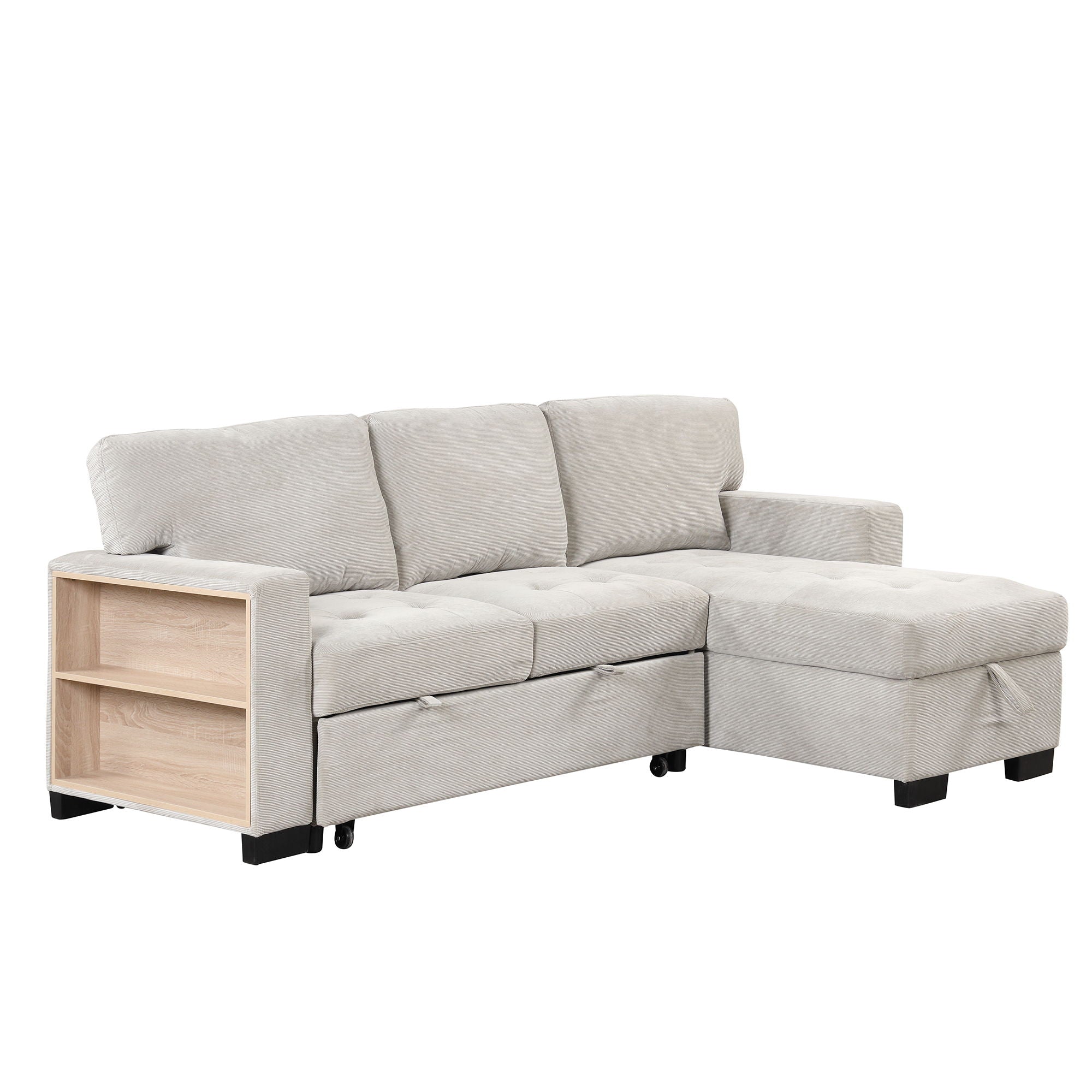 Stylish And Functional Light Chaise Lounge Sectional With Storage Rack Pull-Out Bed Drop Down Table And USB Charger