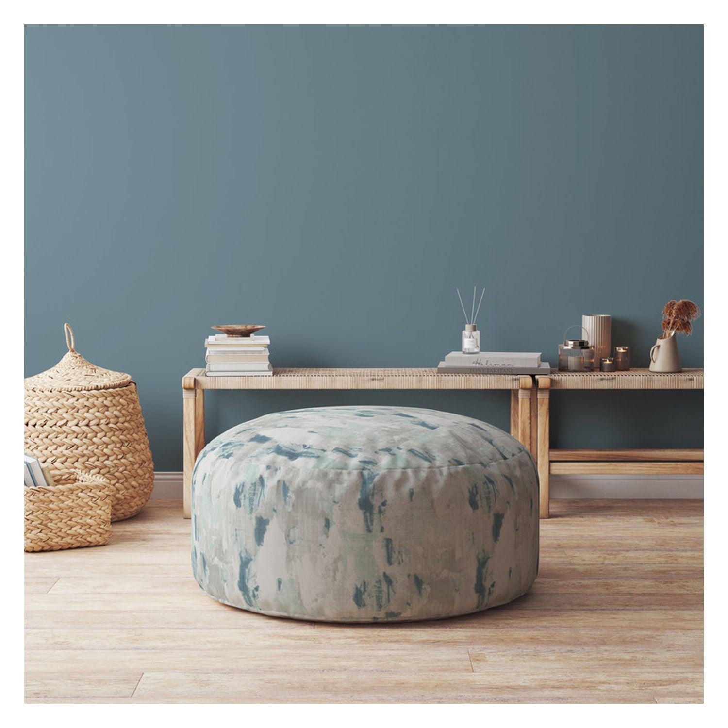 Canvas, Round Abstract Pouf Ottoman - Blue / White