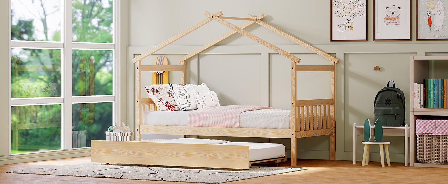 Wooden House Bed With Twin Size Trundle