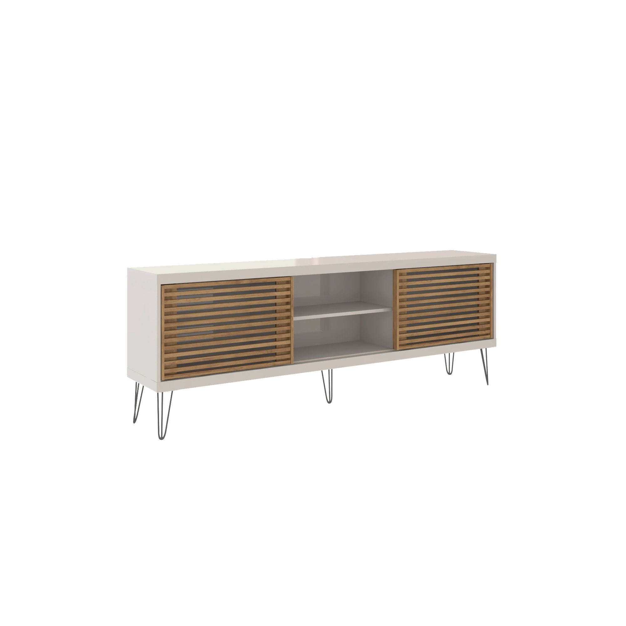 Farmhouse TV Stand With Metal Legs And Wood Slat Sliding Doors Tv - White