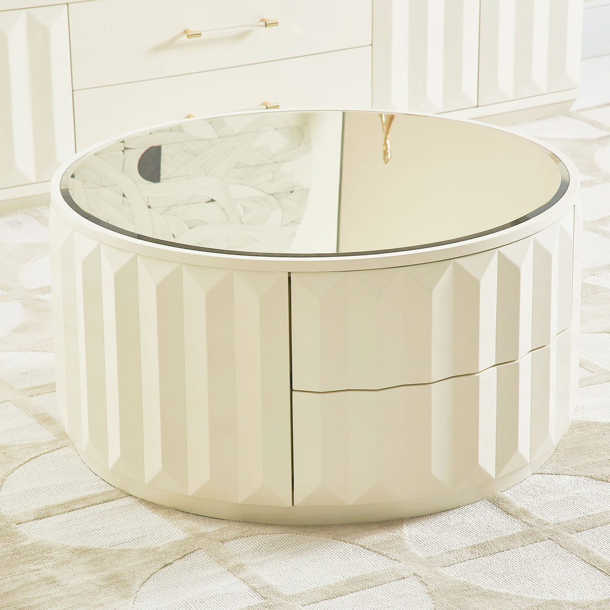 Facino - Round Storage Coffee Table - White Birch