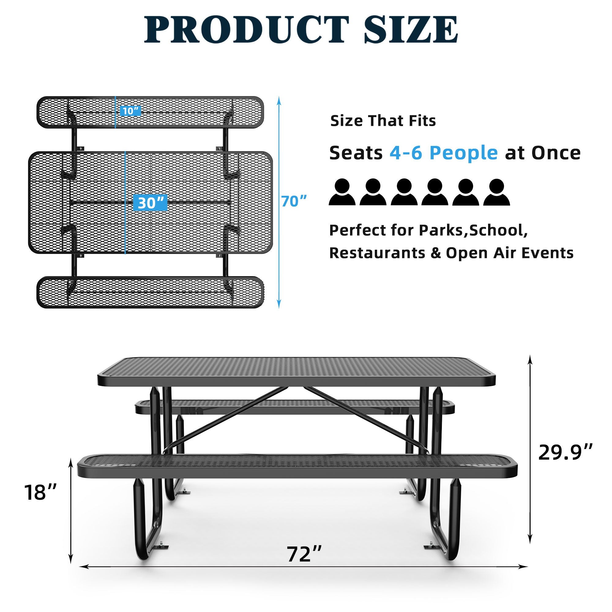 Expanded Rectangular Picnic Table - Black - Metal