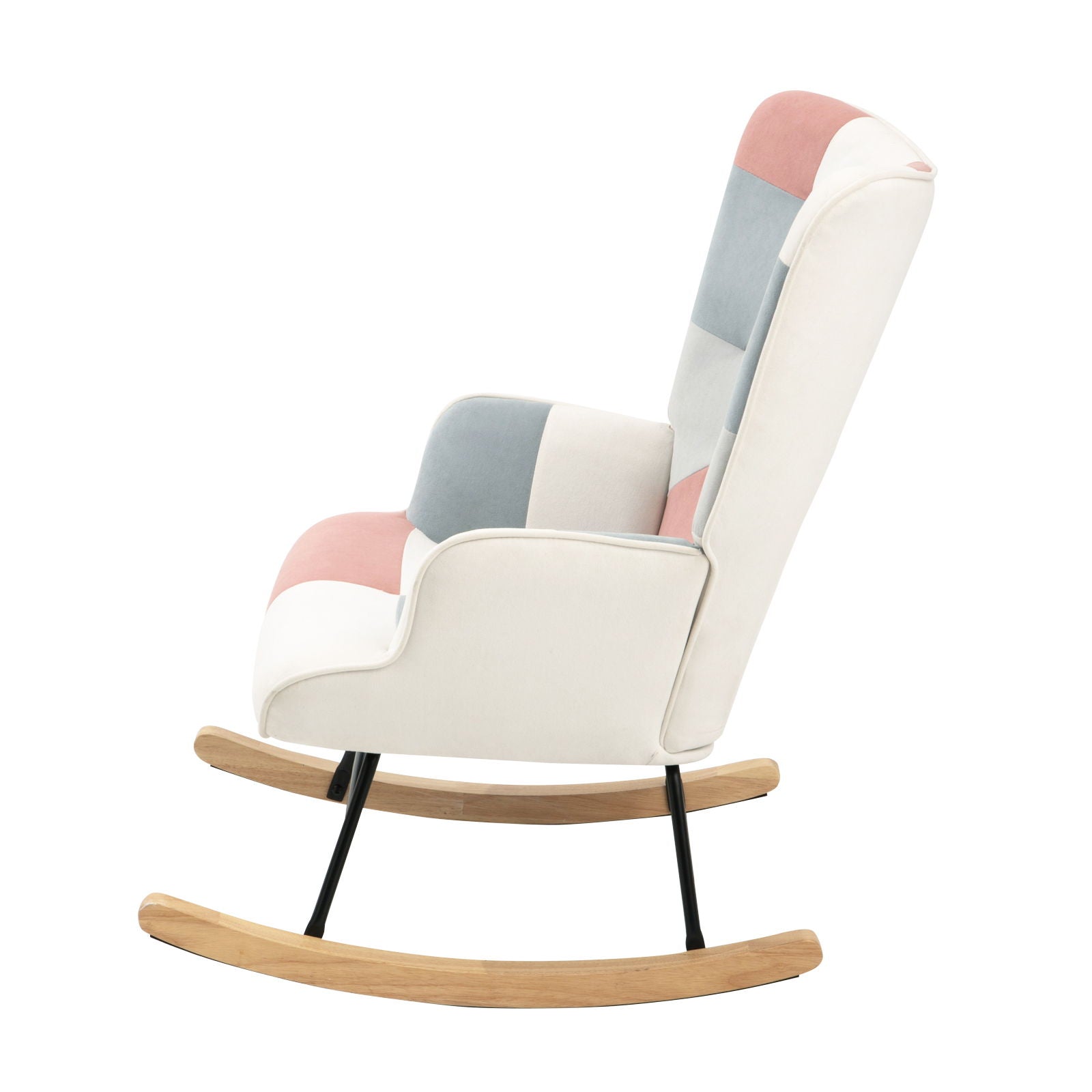 Accent Rocking Chair, Mid-Century Fabric Rocker Chair With Wood Legs And Patchwork Linen For Livingroom Bedroom