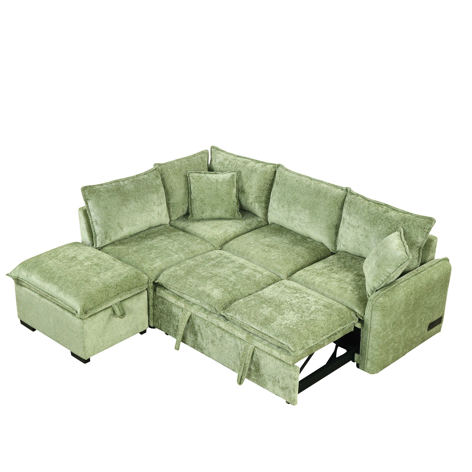 Convertible Sofa Bed Sectional Sofa Sleeper L-Shaped Sofa With A Storage Ottoman, Two Pillows, Two Power Sockets And Two USB Ports For Living Room