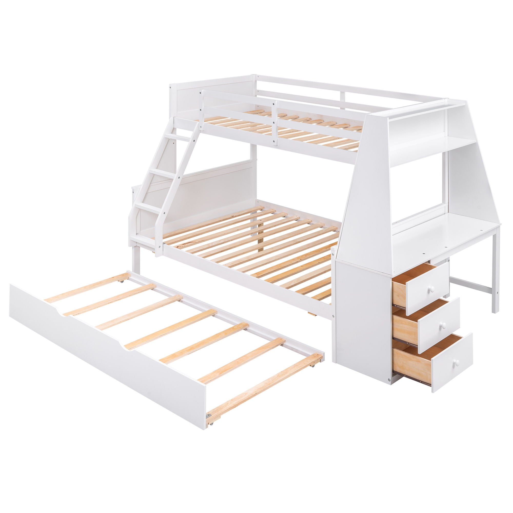 Twin Over Full Bunk Bed With Trundle And Built-In Desk, Three Storage Drawers And Shelf - White