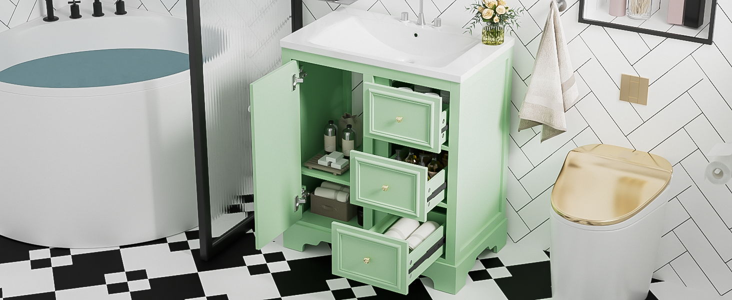 Bathroom Vanity Cabinet With Ceramic Basin, 3 Drawers And Adjustable Shelves